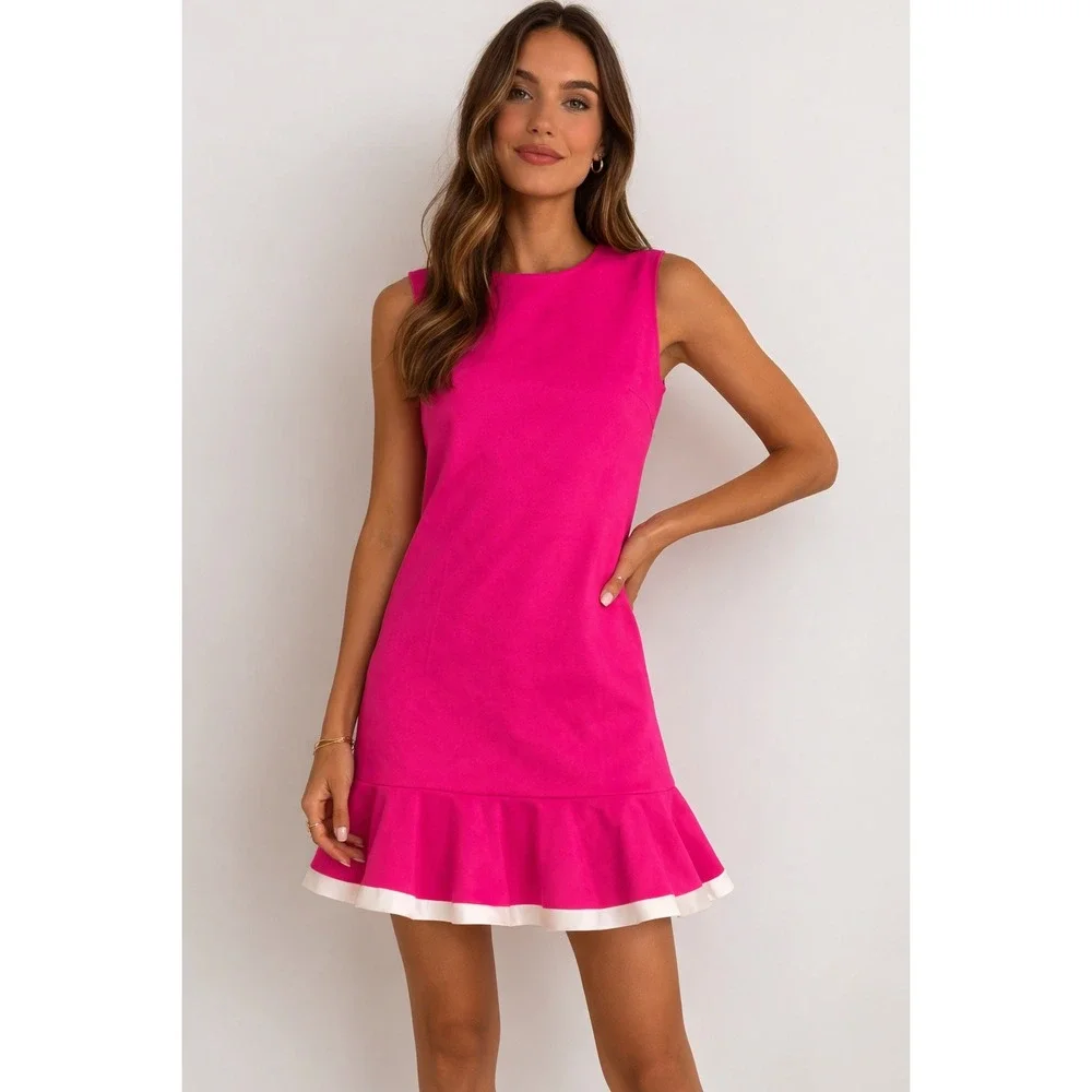 Victoria Beckham Pink Ruffle Hem Shift Dress Sleeveless Mini Mod Party Sz M - Picture 1 of 15